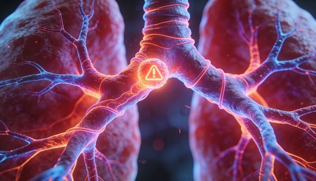 Highlighting trachea and primary bronchi with warning icon in neon 3d lungs