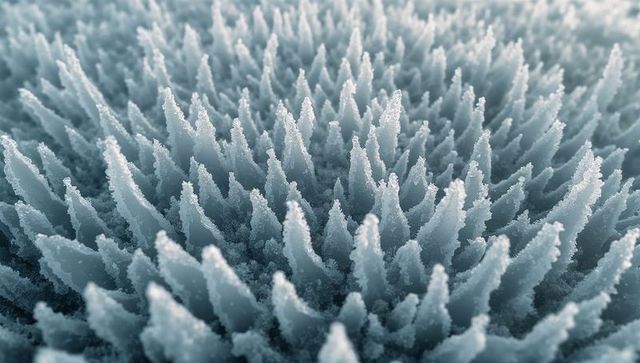 Hoarfrost crystals forming conical spires macro texture with soft bokeh