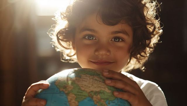 Curly-Haired Child Hugging Globe Illuminated by Sunlight