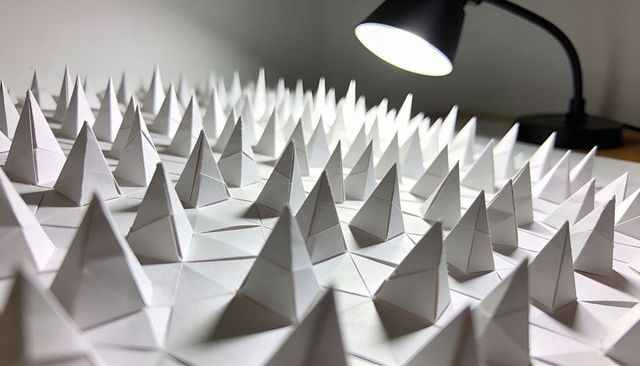 White Paper Pyramid Grid Casting Dramatic Shadows Under Desk Lamp Minimalist Pattern