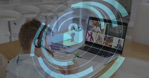 Young student attending secure remote class with digital padlock hud overlay on laptop