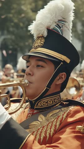 Plumed marching musician turning right and playing cornet during outdoor parade