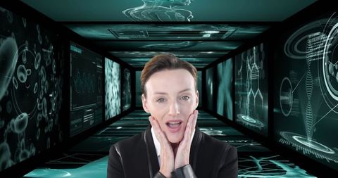 Excited businesswoman with futuristic medical data background