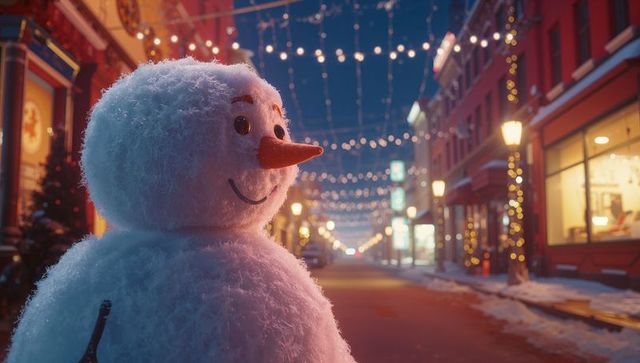 Snowman in festive street with holiday lights