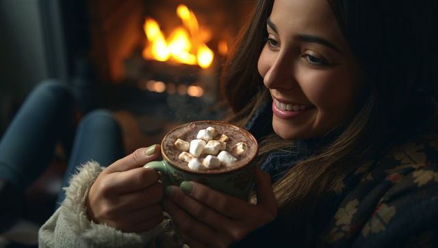 Woman Enjoying Hot Chocolate by Cozy Fireplace
