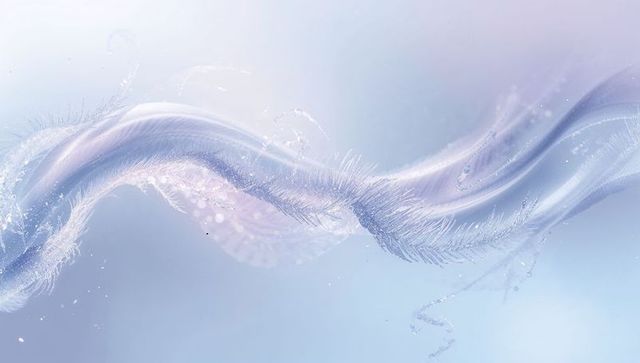 Flowing Ethereal Feathered Ribbon Wave in Soft Pastel Blue with Droplet Accents