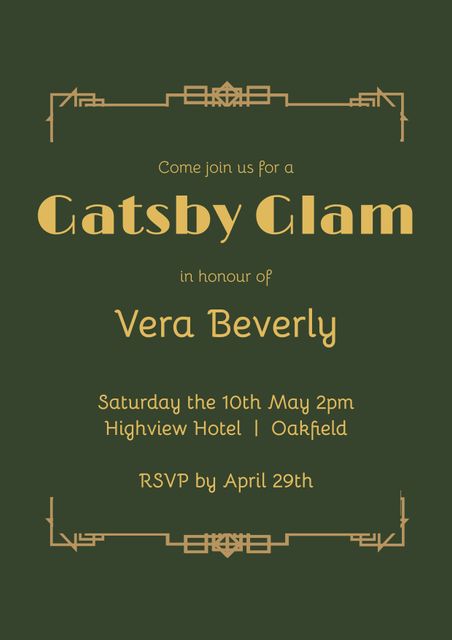 This Gatsby-themed party invitation showcases sophisticated art deco design with a green background and golden accents. Perfect for upscale events such as birthday parties, anniversaries, or special celebrations honoring someone special. The elegant design communicates a classy and vintage feel, suitable for formal gatherings.