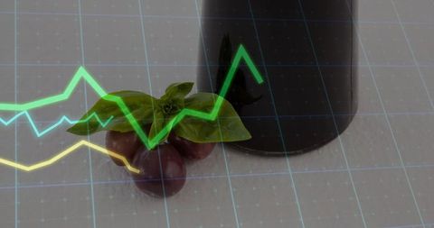Food analytics concept plotting neon graphs over plums, basil and dark bottle still life