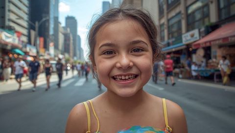Cheerful girl smiling at summer street market close-up with freckles and missing tooth