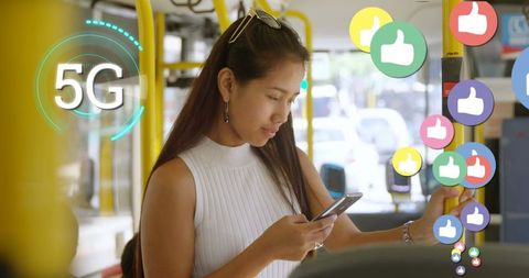 Woman Using Smartphone on Bus with Digital Social Media Elements