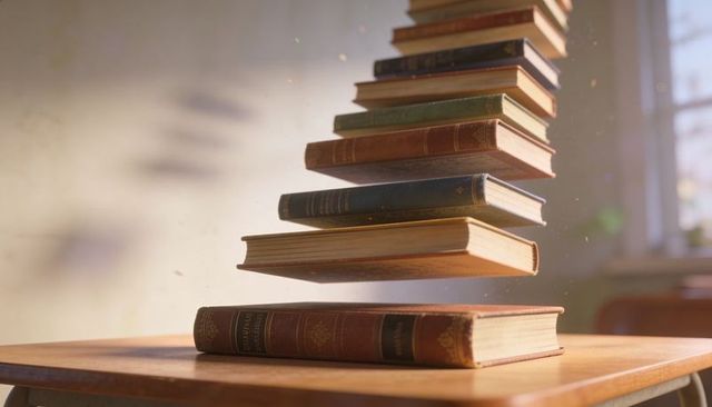 Vintage hardcover books floating above wooden desk in sunlit study dust particles drifting