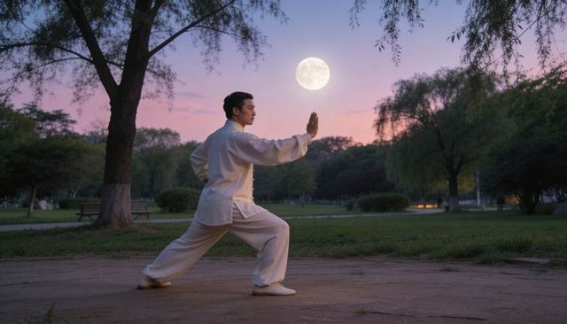 Man practicing tai chi at dusk under full moon in tranquil park