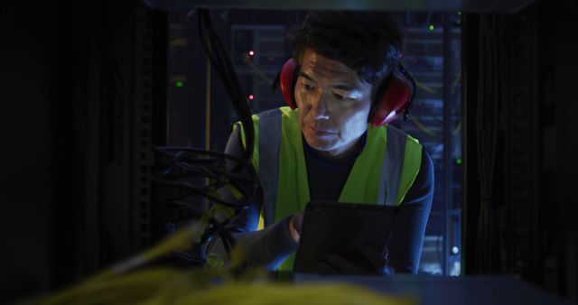 Technician wearing safety vest and protective headphones, studying server equipment in a dimly lit data center. Image conveys themes of technology, data integrity, and night shift work. Suitable for use in articles or advertisements about IT professionals, data center operations, engineering jobs, and technological innovations.