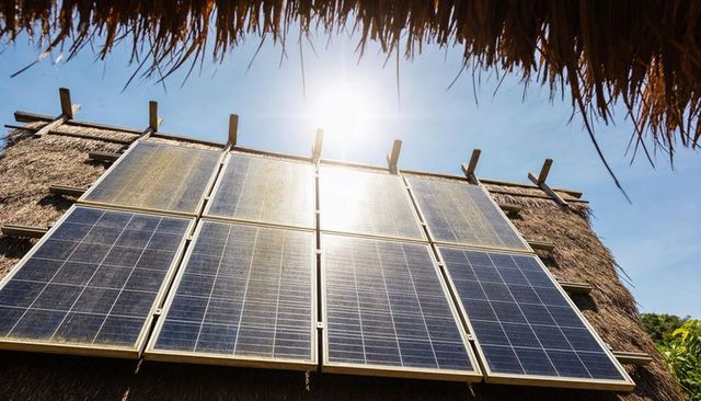 Solar panel array mounted on thatched roof in tropical village capturing sunlight