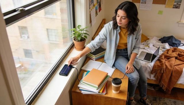 College student charging smartphone while studying in dorm room with laptop and notebooks