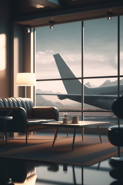 Spacious airport lounge featuring sleek modern furniture with a large window showcasing the tail of an airplane parked outside. Perfect for illustrating luxury travel, comfortable airport waiting areas, modern transportation hubs, or advertisements for airlines and travel amenities.