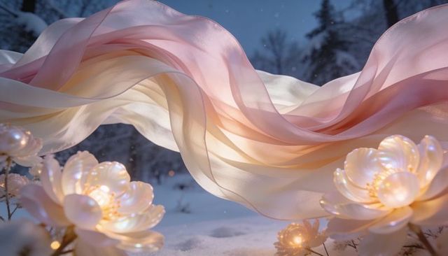 Billowing satin ribbon flowing over snow with pearlescent flowers and warm luminous glow