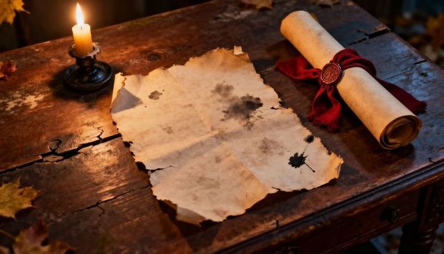 Candlelit aged parchment with ink blots and sealed red-waxed scroll on rustic wooden desk