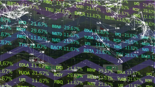 This image depicts an animated overlay of financial indexes, percents, and complex connections against a backdrop of mathematical and technologic illustrations. It is ideal for use in business presentations, financial reports, stock market analysis, educational materials, or digital marketing to convey concepts related to the financial sector and global market networks.