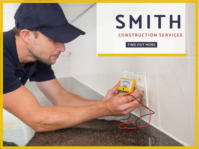 This image shows a professional electrician working on a wall socket, meticulously inspecting the wiring with a circuit tester tool. The individual is visibly focused on ensuring the electrical installation is accurate and safe. This visual is ideal for promoting construction or electrical service businesses, educational materials on electrical safety, or advertising for maintenance and repair services. It illustrates the importance of skilled labor in residential or commercial projects and can be used in brochures, websites, and training manuals emphasizing professionalism and expertise.