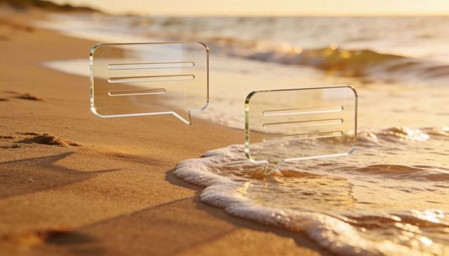Glistening glass speech bubbles resting on sunlit shoreline with gentle foam lapping