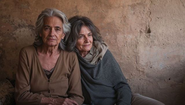 Two senior women sitting together showing quiet companionship in rustic earthy interior
