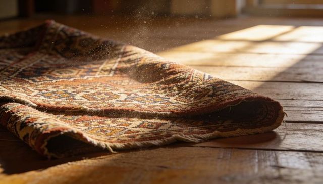 Sunlit folded woven rug catching dust motes on hardwood floor, rustic geometric pattern