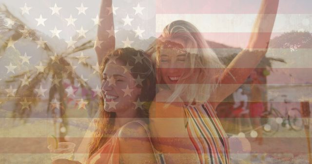 Cheerful Friends Celebrating with USA Flag Overlay at Summer Beach Party - Download Free Stock Images Pikwizard.com