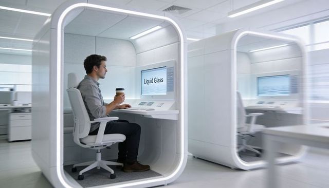 Man working in futuristic white privacy pod with liquid glass display and coffee