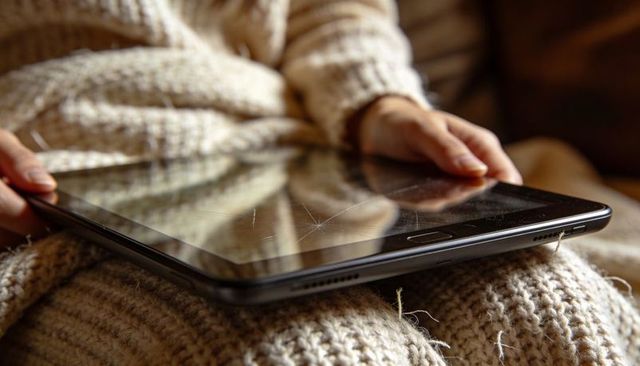 Cradling cracked tablet on lap wearing chunky beige knit sweater cozy close-up reflection