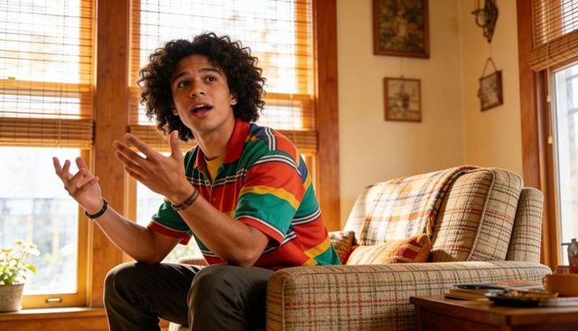 Young man gesturing while talking on plaid couch in sunlit cozy living room wearing polo