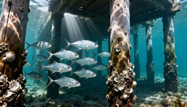 Silver fish school swimming through sunlit pier pilings with barnacles and sunbeams