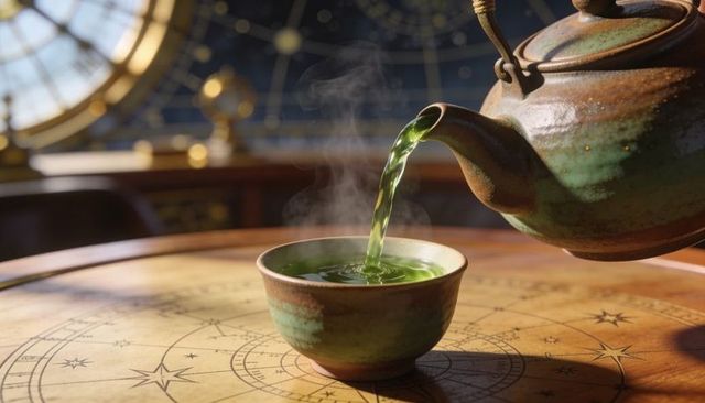 Pouring matcha green tea from rustic ceramic teapot into steaming bowl on star map
