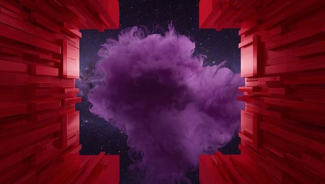Surreal Cosmic Scene with Purple Smoke and Futuristic Red Structures