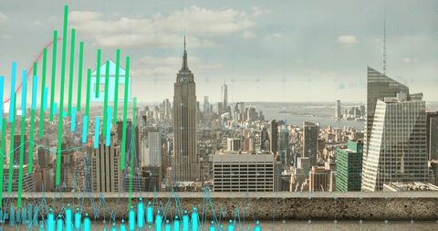 Real-Time Market Data Overlaying Manhattan Skyline With Neon Stock Charts and Growth Trends
