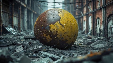 Rusted Sphere in Abandoned Industrial Ruins