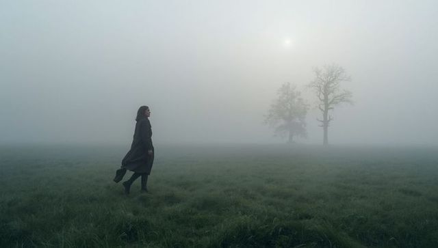 Woman Walking Across Foggy Meadow in Dark Coat and Boots