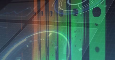 Futuristic Holographic Dashboard with Neon HUD Rings and Vertical Data Bars