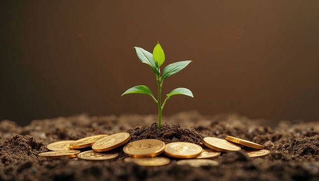 Green seedling growing from soil among gold coins representing investment growth