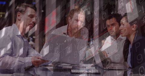 Executive team reviewing financial data and strategy with analytics and charts overlay