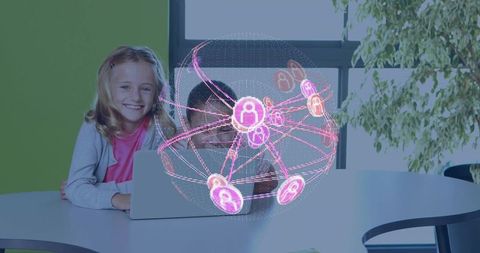 Father and daughters studying on laptop with holographic digital globe, modern learning