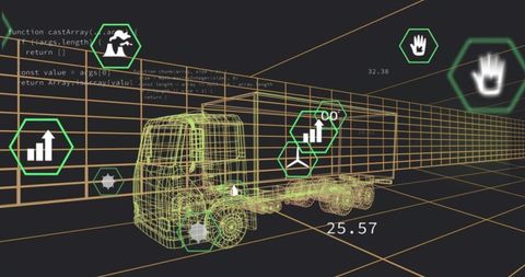 3D Wireframe Truck with Digital Interface and Analytics Icons