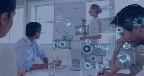 Presenter Annotating Whiteboard while Team Interacting with Holographic AR Interface during Meeting