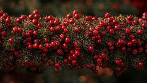 Festive lush evergreen garland with glossy red berries for holiday mantel decor