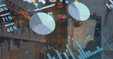 Warehouse logistics blended with financial data charts