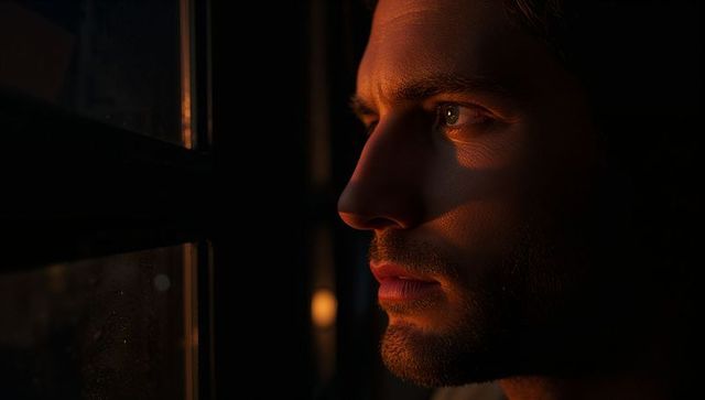 Contemplative man bathed in warm window light, cinematic closeup portrait with stubble