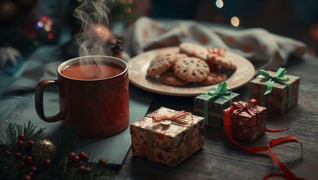 Festive holiday mug with cookies and wrapped gifts