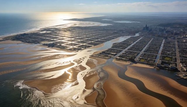 Aerial city grid meeting estuary with sunlit tidal channels and sweeping sandbanks
