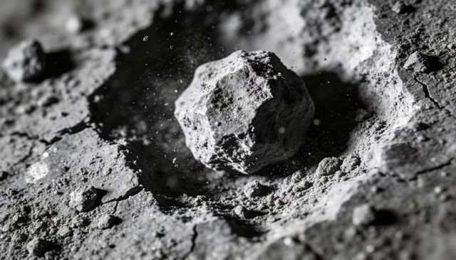 Faceted meteorite resting in shallow crater on cracked regolith, monochrome macro drama
