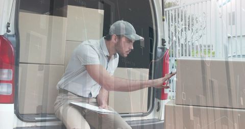 Delivery Man Handling Packages with Overlayed Data Graphics